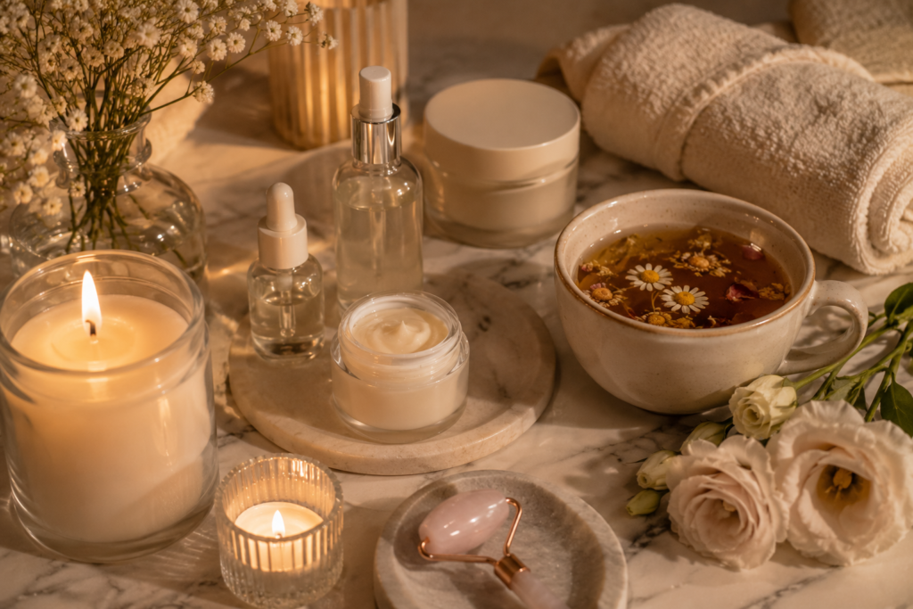 ritual de autocuidado em casa: mulher relaxando com produtos de skincare e bem-estar