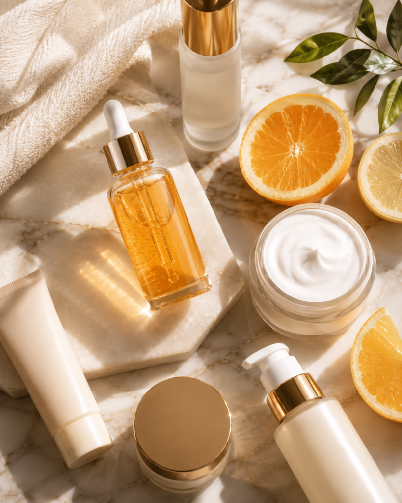 sérum de vitamina C aplicado na rotina de skincare matinal