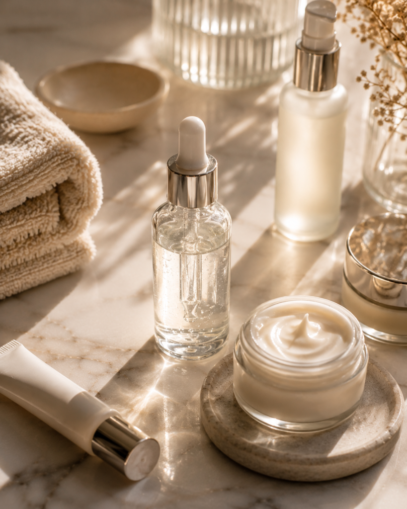 sérum de ácido hialurônico aplicado na rotina diária de skincare