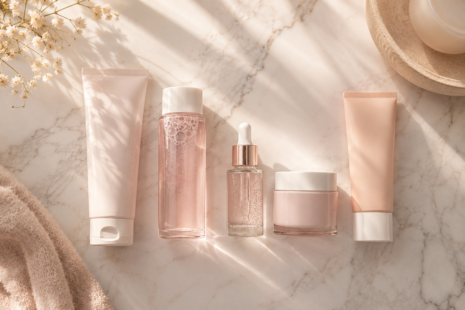 ordem dos produtos de skincare – flat lay de limpador, tônico, sérum, hidratante e protetor solar