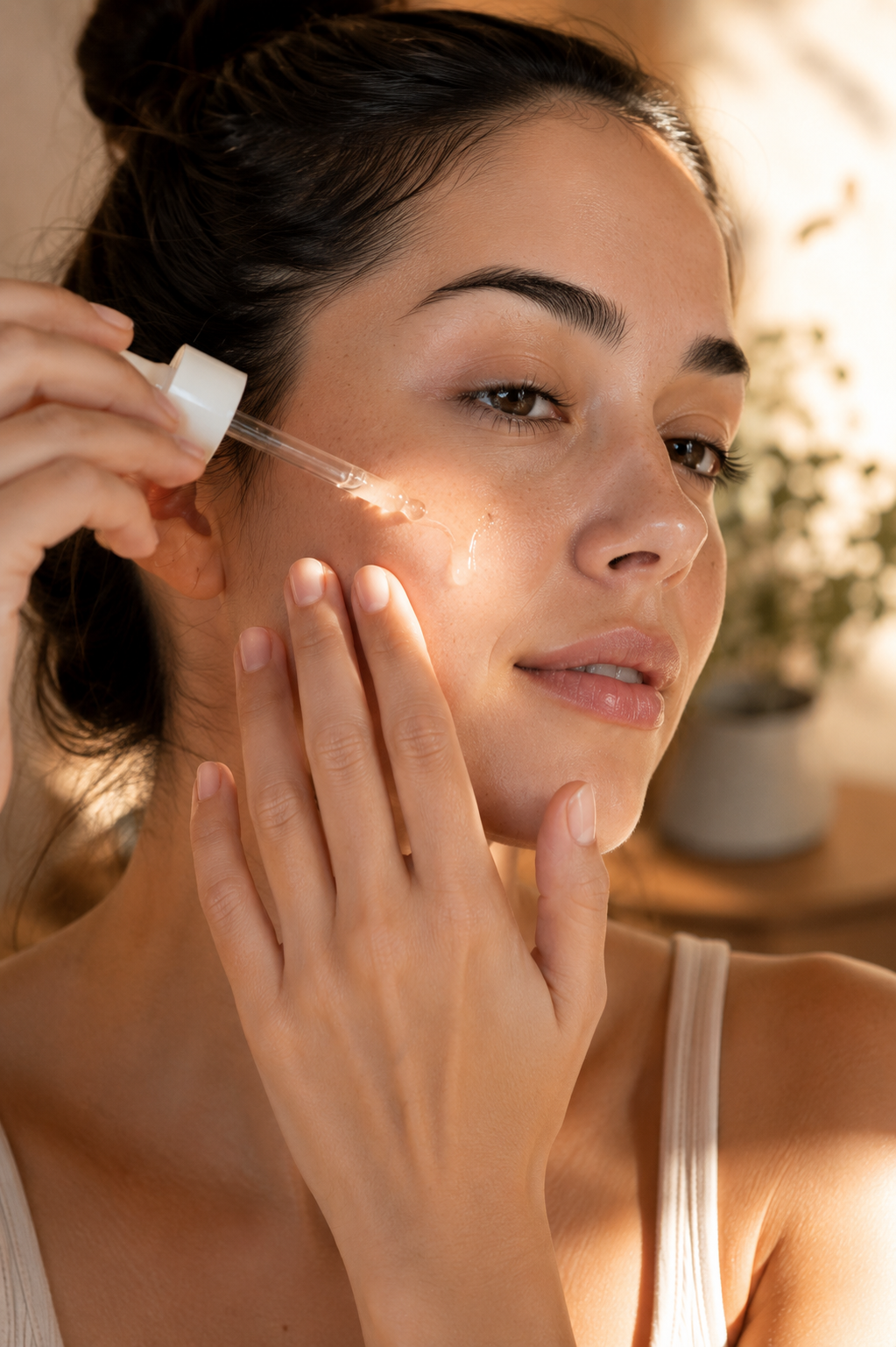 mulher aplicando sérum no rosto seguindo a ordem dos produtos de skincare