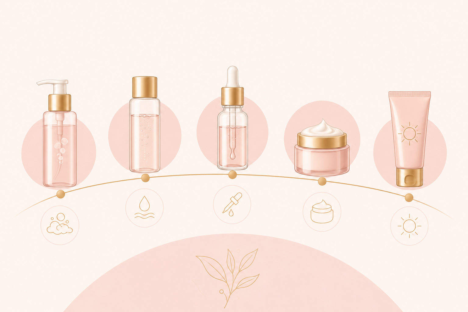 ilustração da ordem dos produtos de skincare: limpeza, tônico, sérum, hidratante e protetor solar