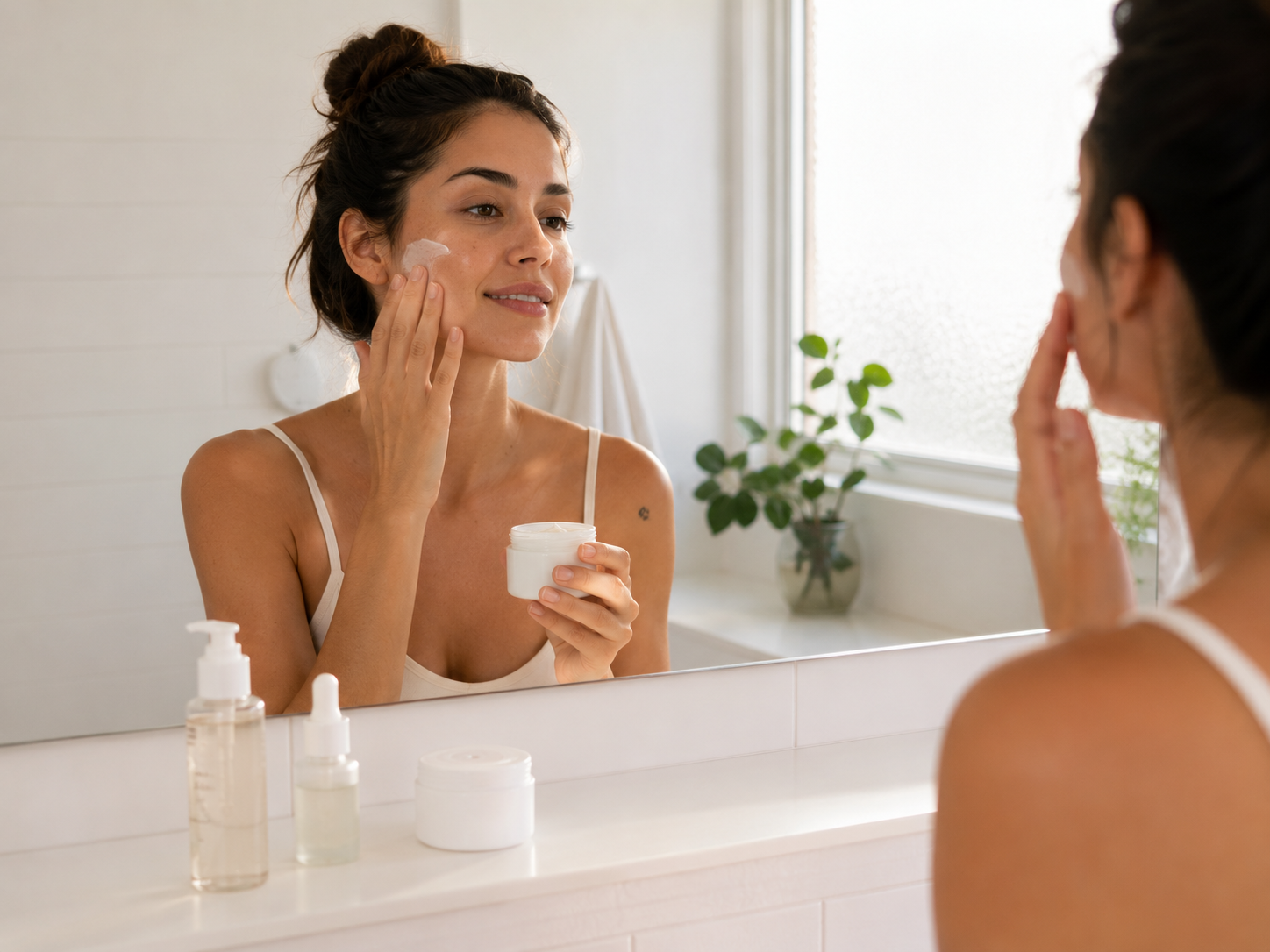 mulher aplicando hidratante no rosto em rotina de skincare minimalista