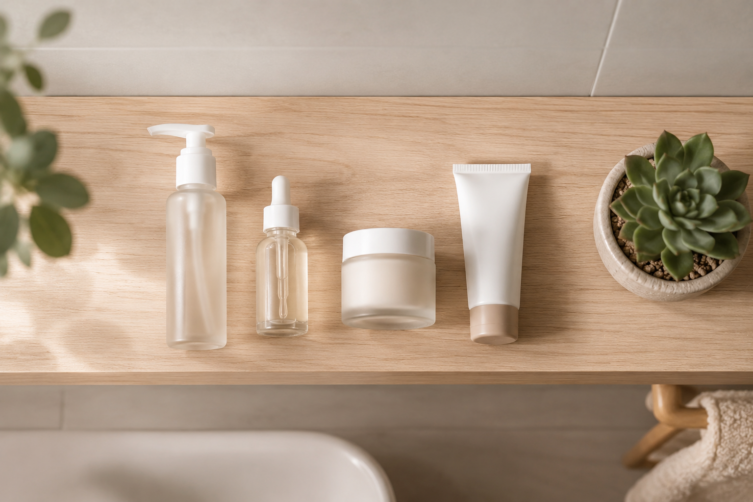 produtos de skincare minimalista organizados em bancada de madeira com suculenta