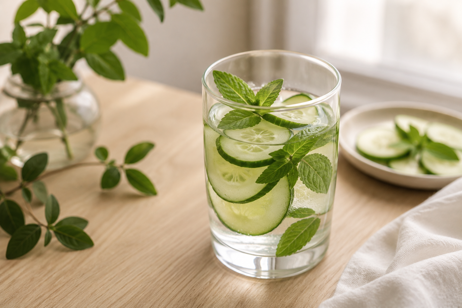 hidratação interna como hábito que melhora a pele — água com pepino e hortelã