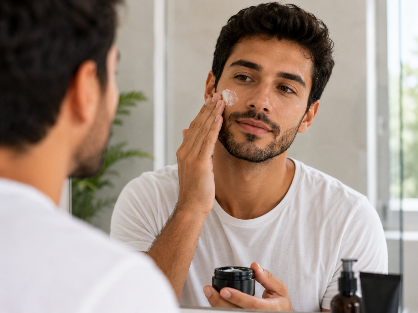 skincare masculino aplicando hidratante rotina