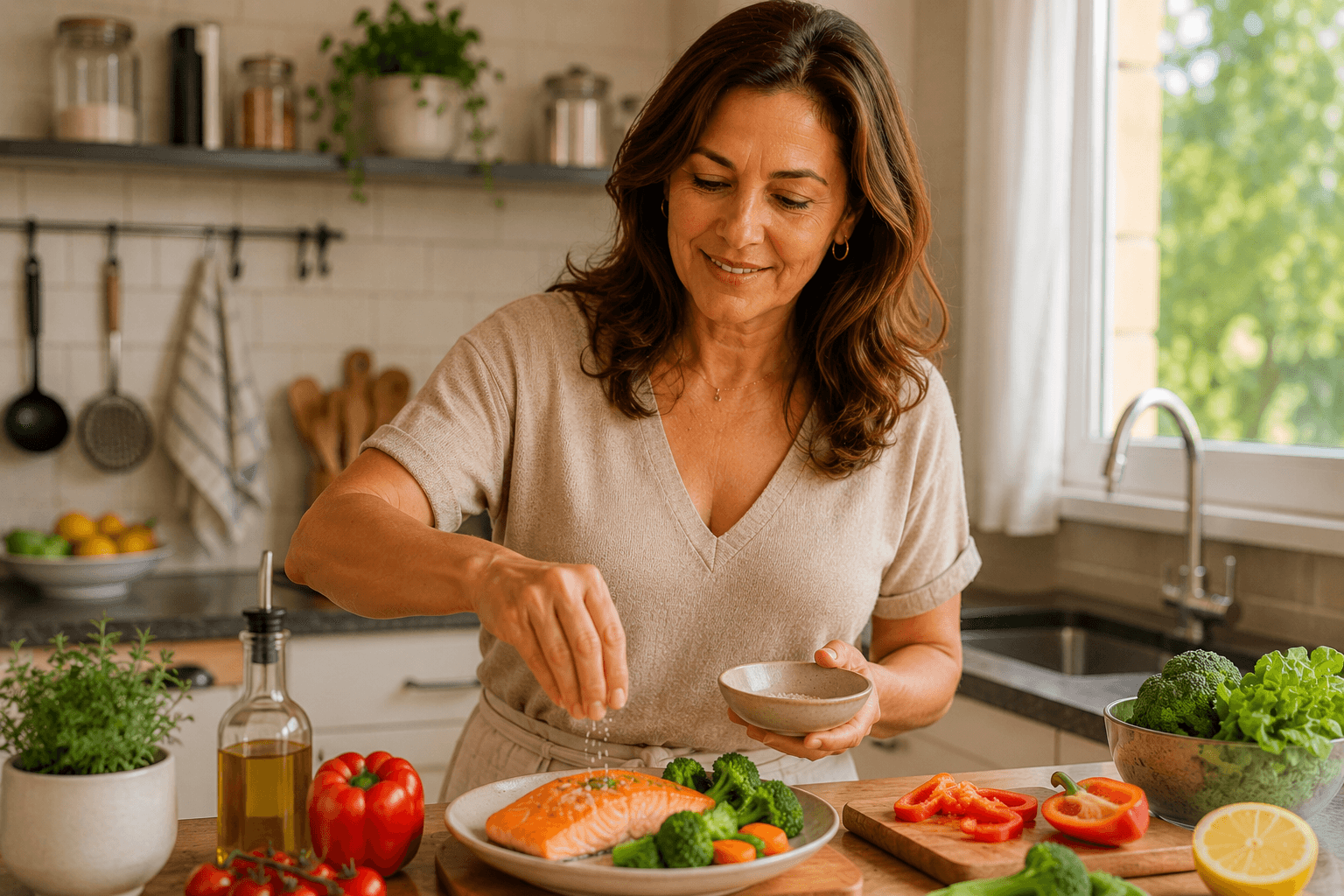 alimentacao para a pele na menopausa mulher cozinhando