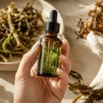 Frasco de sérum de bioretinol de algas segurado na mão, com algas marinhas ao fundo