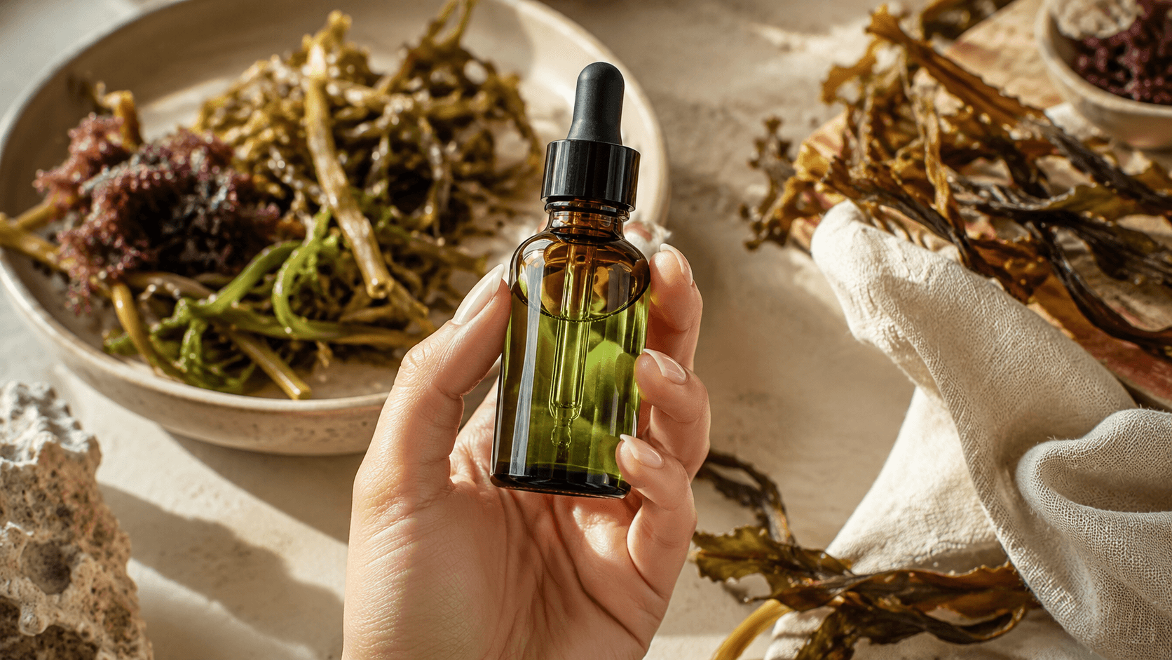 Frasco de sérum de bioretinol de algas segurado na mão, com algas marinhas ao fundo