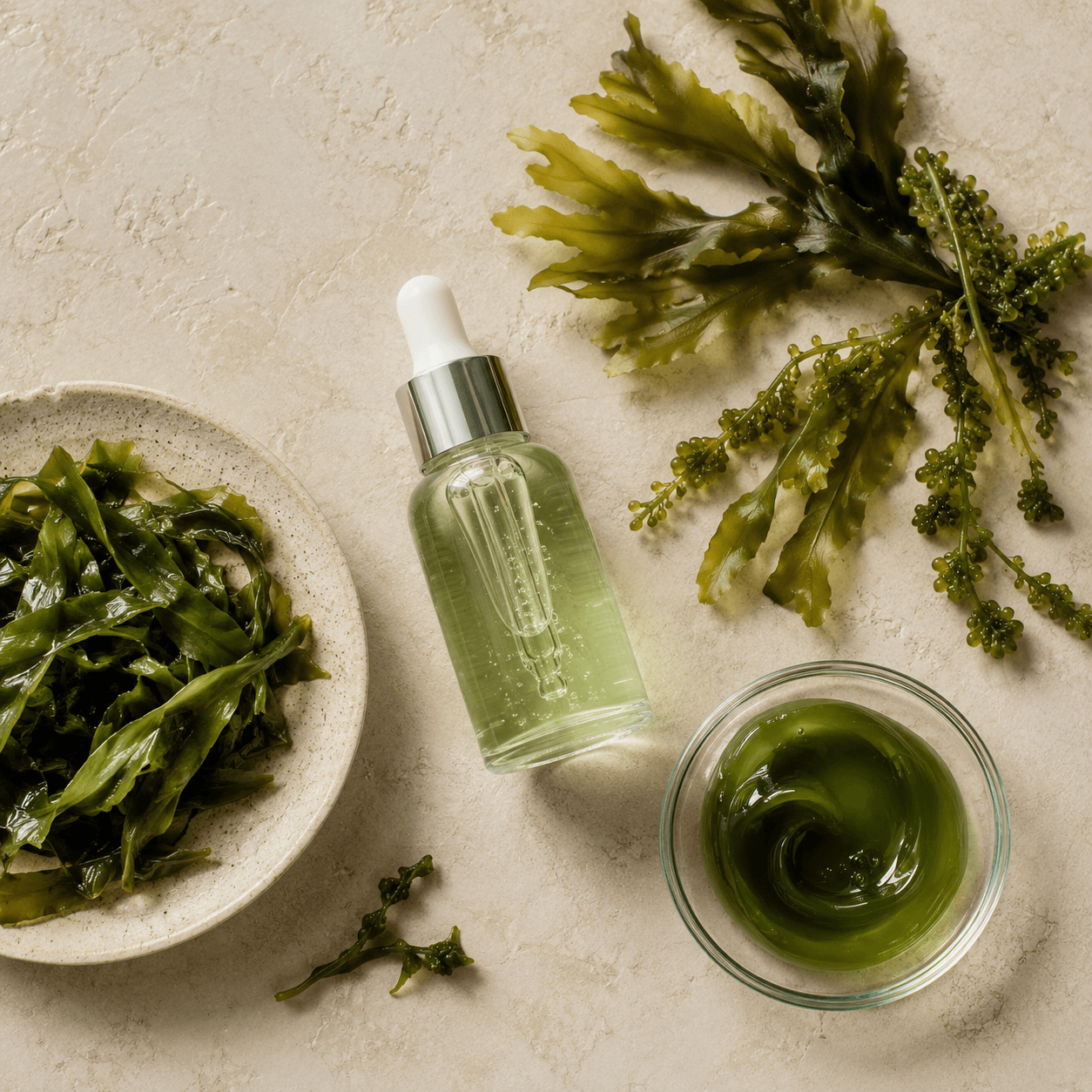 Ingredientes do bioretinol de algas: frasco conta-gotas, algas marinhas frescas e gel verde