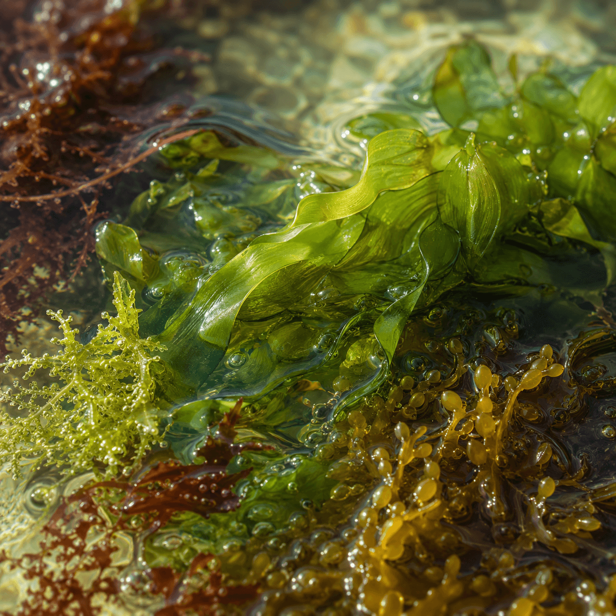 Algas marinhas frescas na água, fonte natural do bioretinol vegetal