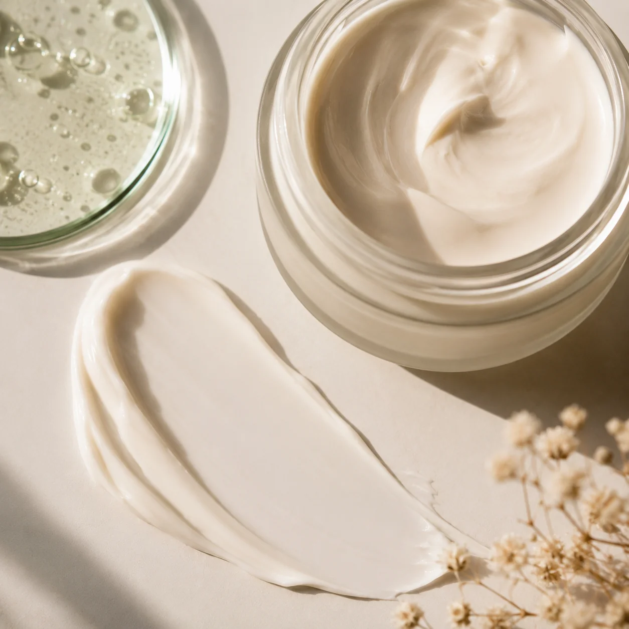 Pote de creme e gel com pós-bióticos, textura para a pele