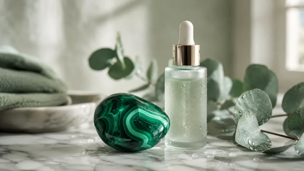 Pedra de malaquita verde ao lado de um sérum, benefícios da malaquita para a pele