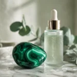 Pedra de malaquita verde ao lado de um sérum, benefícios da malaquita para a pele