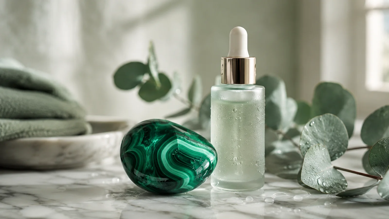 Pedra de malaquita verde ao lado de um sérum, benefícios da malaquita para a pele