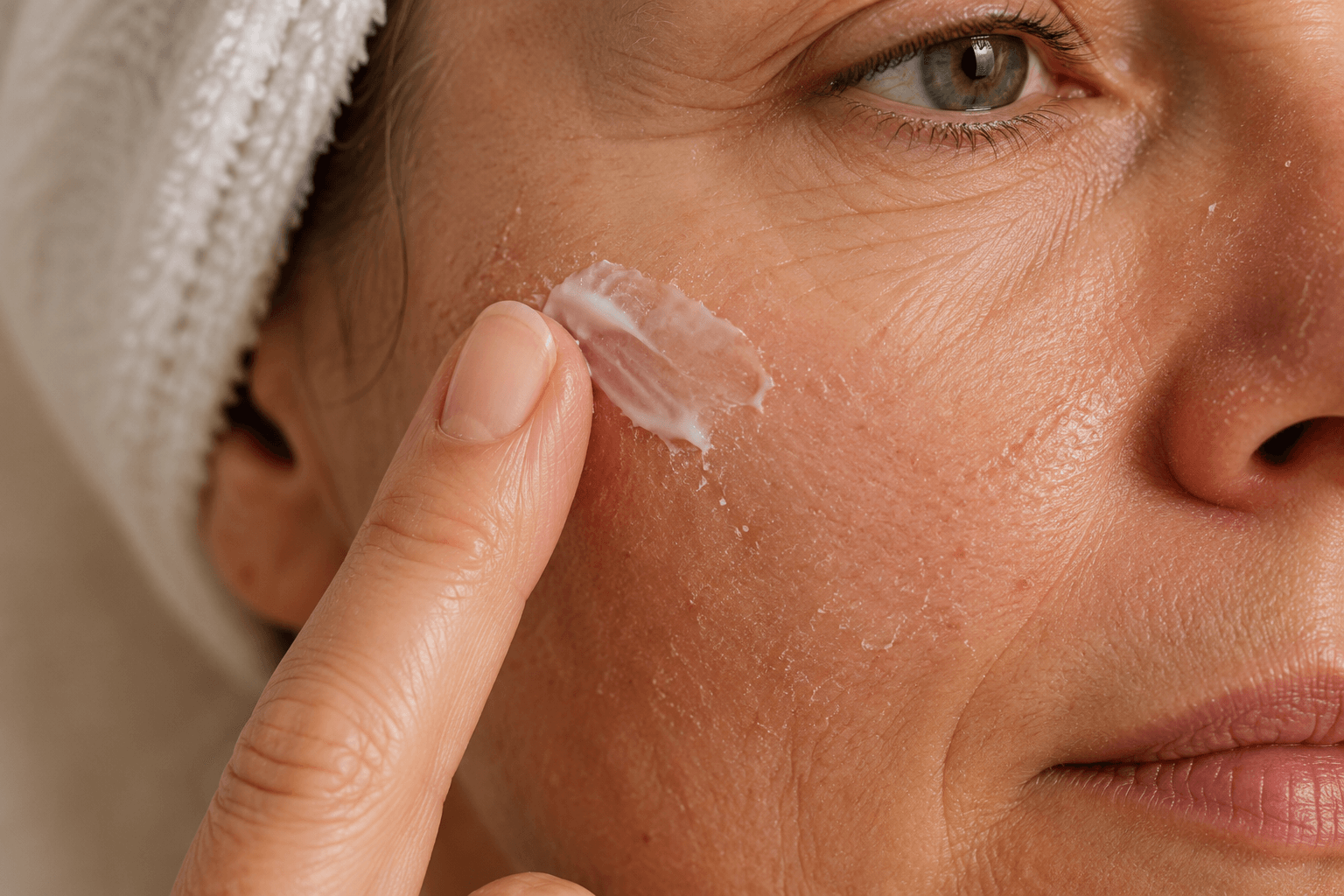 Close-up of dry, flaky mature skin during menopause