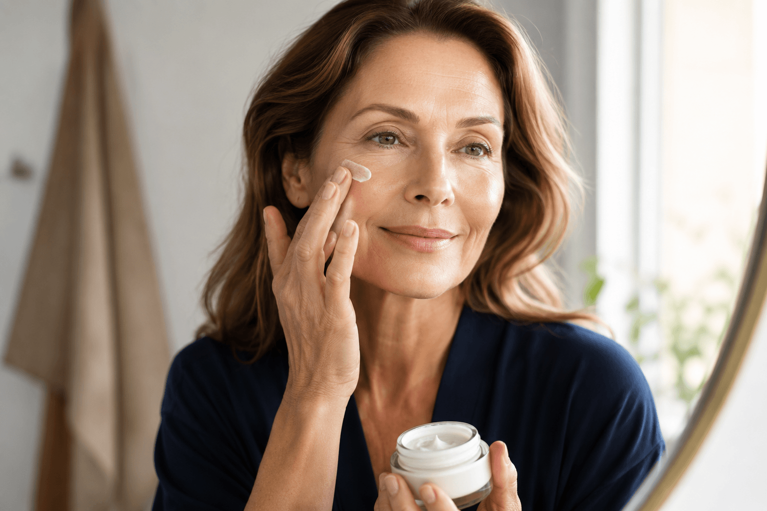 Woman over 50 applying rich moisturizer to dry menopausal skin