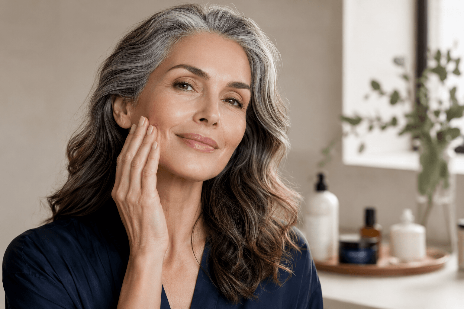 Confident woman over 50 with glowing, healthy skin during menopause