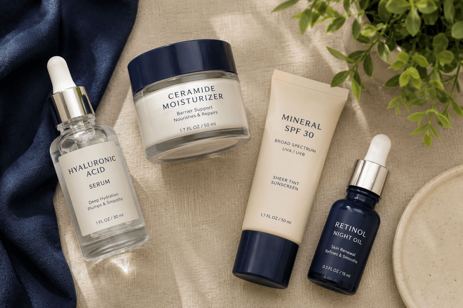 Menopause skincare products: serum, moisturizer, SPF and retinol