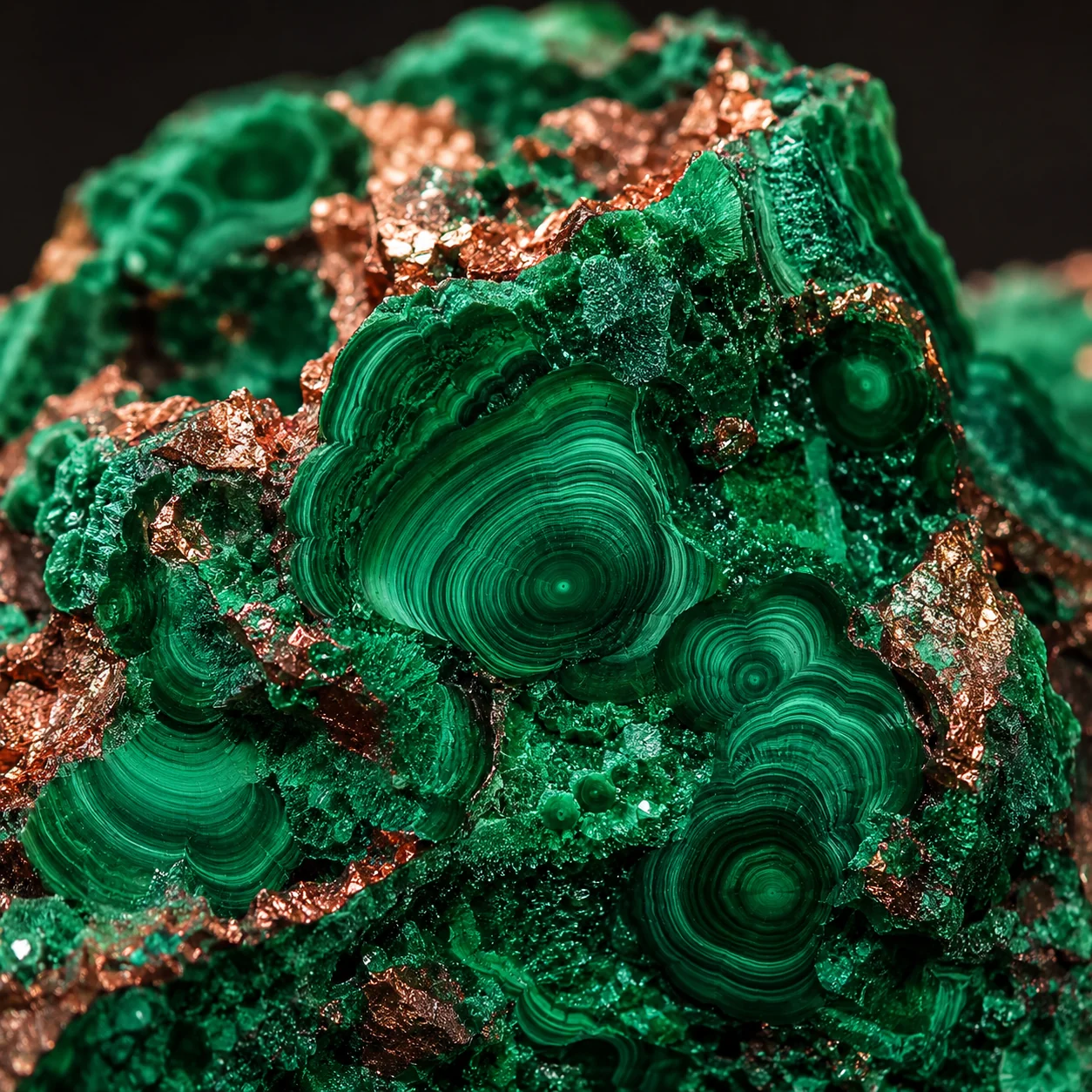 Close do mineral malaquita mostrando as faixas verdes e o cobre