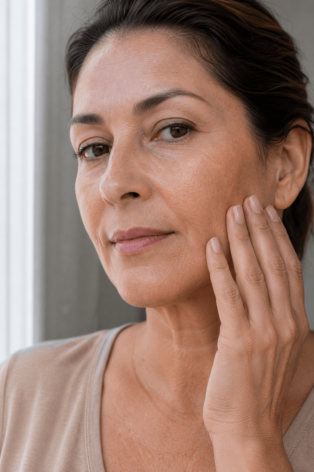 pele seca na menopausa mulher tocando o rosto