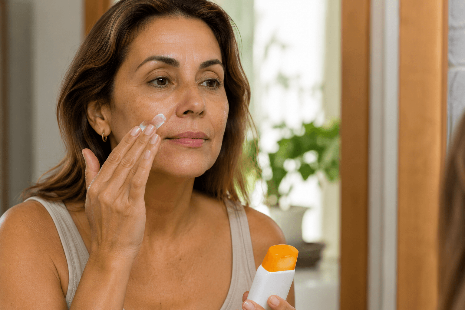 mulher aplicando protetor solar reaplicacao melasma pele madura